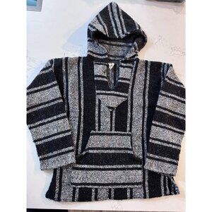 Mexican Poncho Small Baja Woven Blanket Jacket Hippie Pullover Black White